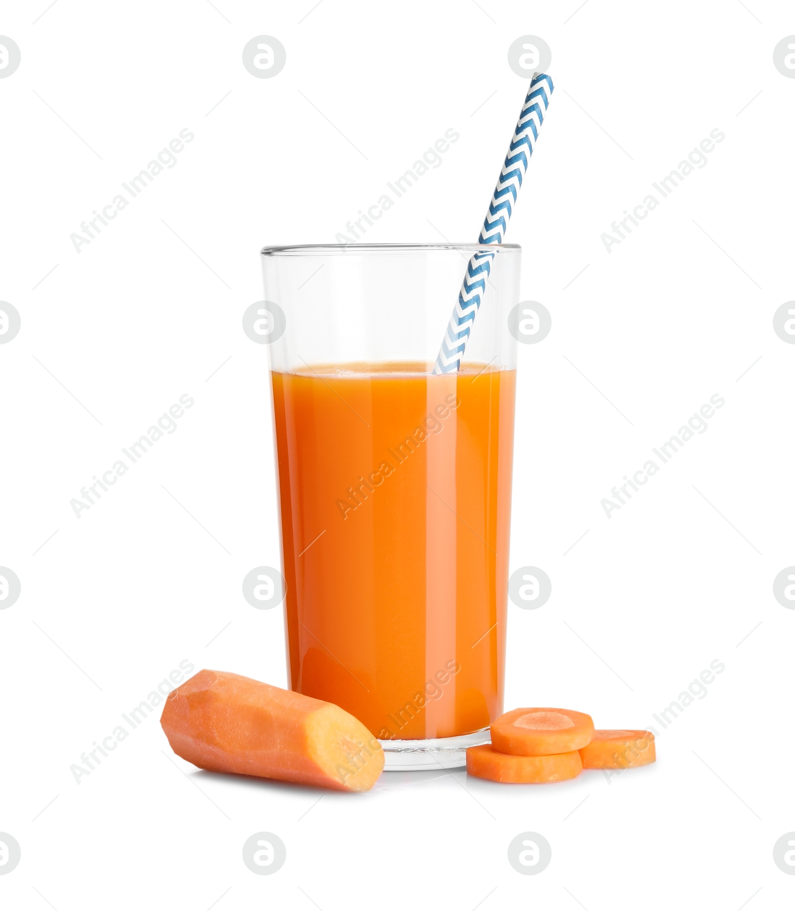 Photo of Healthy carrot juice in glass and fresh vegetable isolated on white