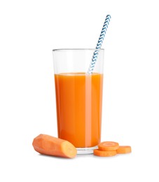 Healthy carrot juice in glass and fresh vegetable isolated on white