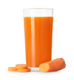 Healthy carrot juice in glass and fresh vegetable isolated on white