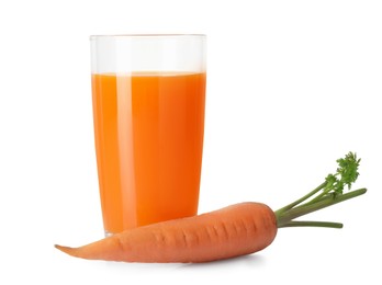 Photo of Healthy carrot juice in glass and fresh vegetable isolated on white