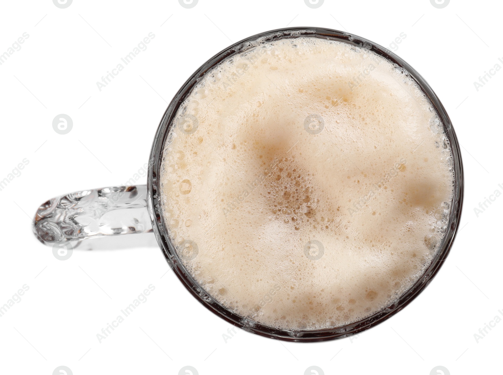 Photo of Glass mug of beer isolated on white, top view