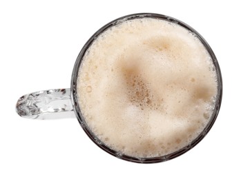 Glass mug of beer isolated on white, top view