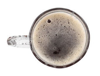 Photo of Glass mug of dark beer isolated on white, top view