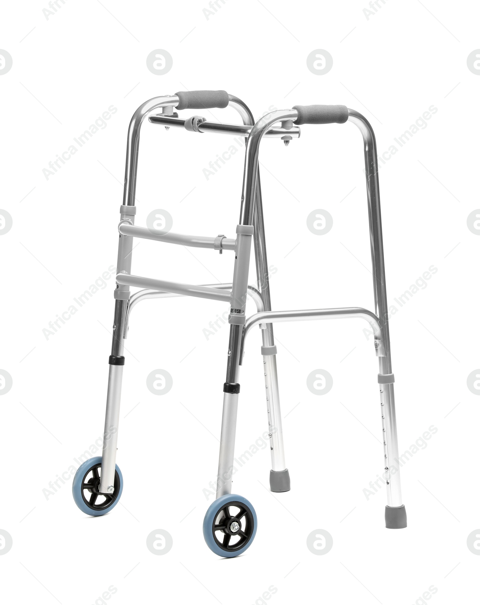 One metal walking frame isolated on white Photo of One metal walking frame isolated on white