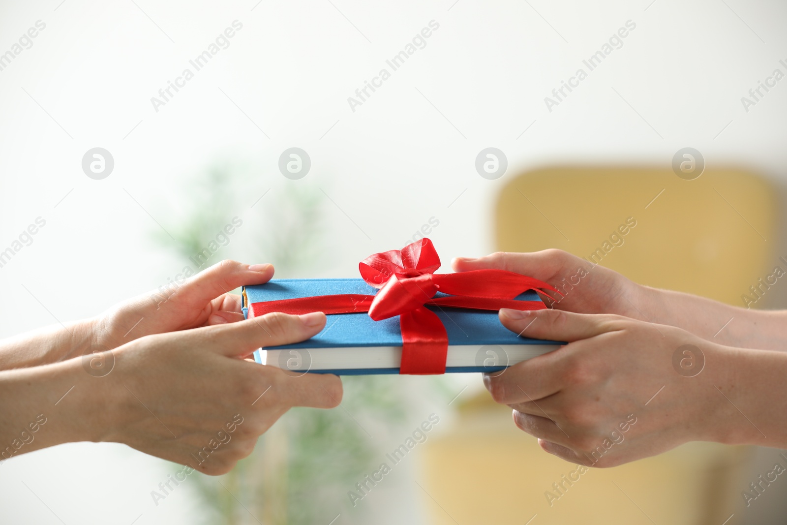 Photo of Woman gifting her friend book tied with red ribbon indoors, closeup