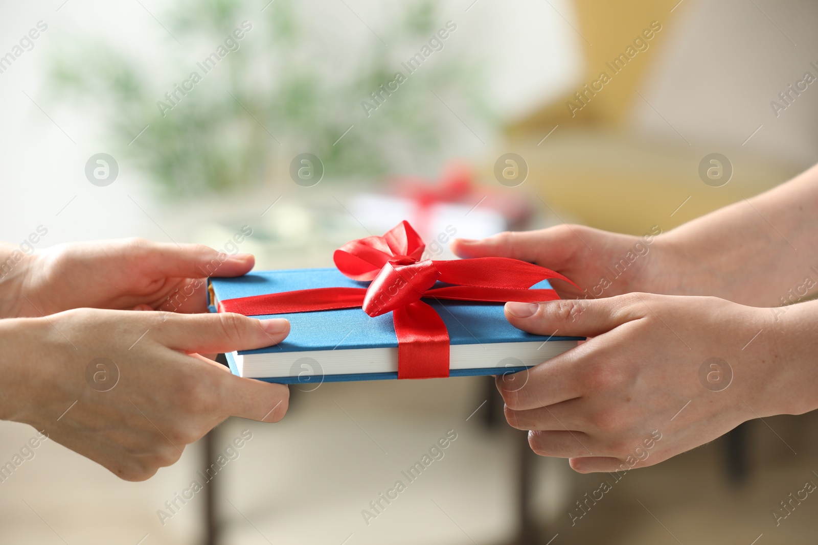 Photo of Woman gifting her friend book tied with red ribbon indoors, closeup