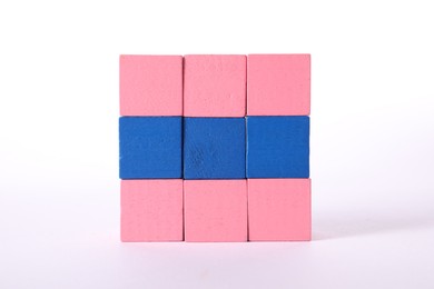 Photo of Many colorful wooden cubes on white background