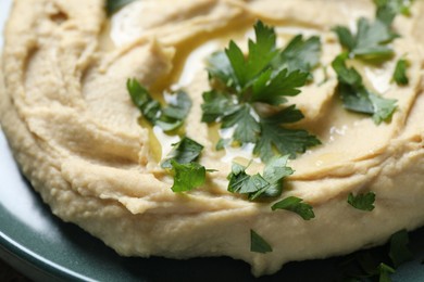 Delicious hummus with olive oil and parsley on plate, closeup