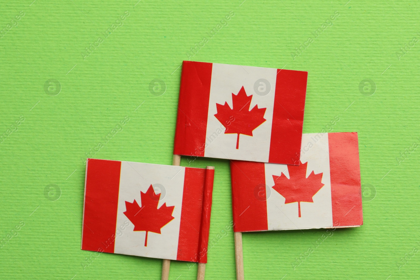 Photo of Small paper flags of Canada on green background, top view