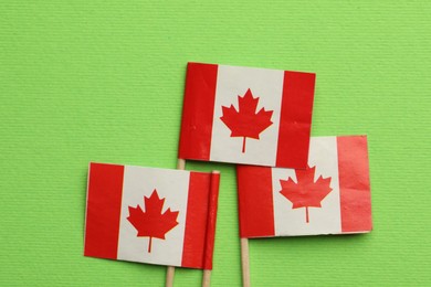 Small paper flags of Canada on green background, top view