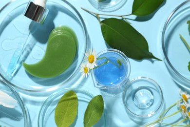 Photo of Petri dishes with different fresh leaves, chamomile flowers and cosmetic products on light blue background, flat lay