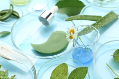 Photo of Petri dishes with different fresh leaves, chamomile flowers and cosmetic products on light blue background, closeup