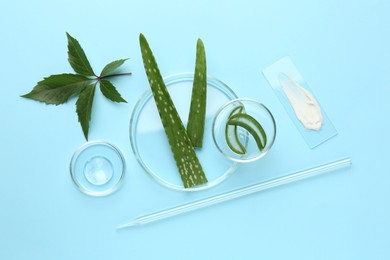 Photo of Petri dishes with different fresh leaves and cosmetic products on light blue background, flat lay