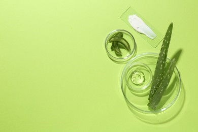 Photo of Petri dishes with fresh leaves and cosmetic products on green background, flat lay. Space for text