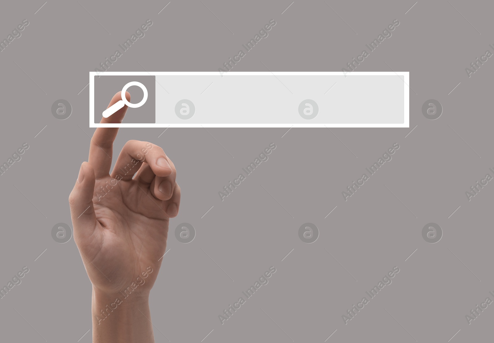 Image of Man using search bar on virtual screen against grey background, closeup