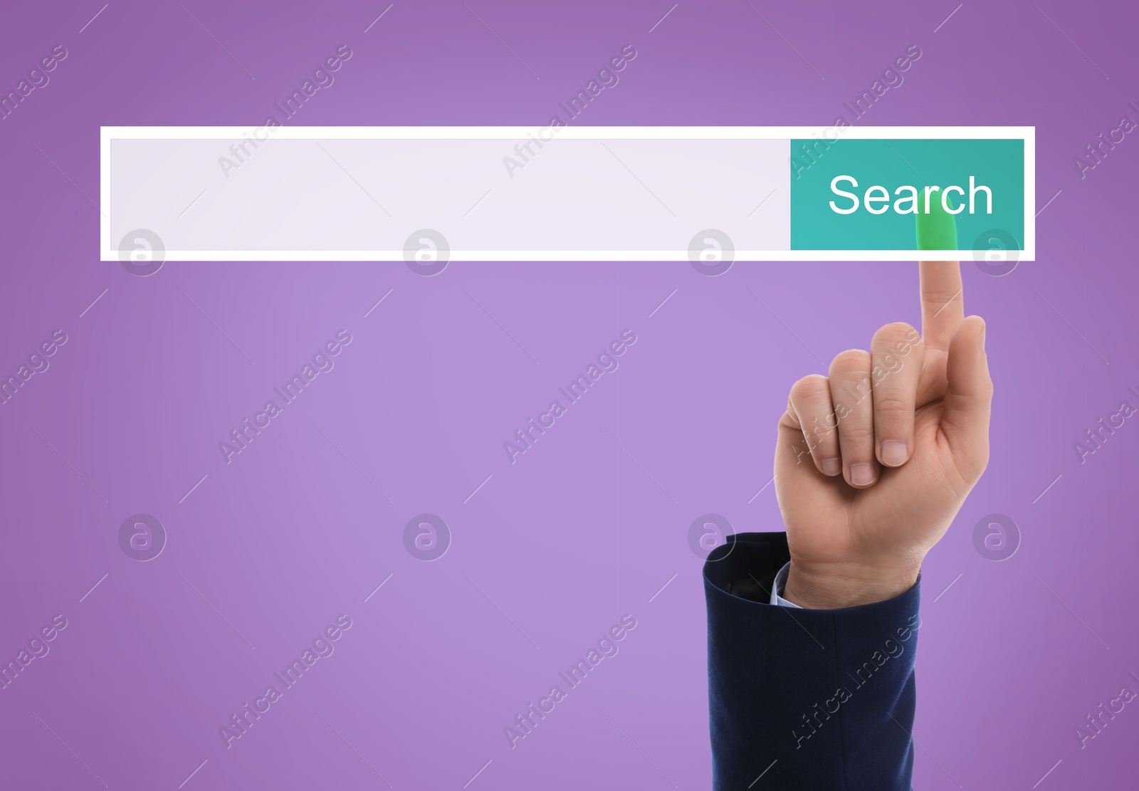 Image of Man using search bar on virtual screen against purple background, closeup