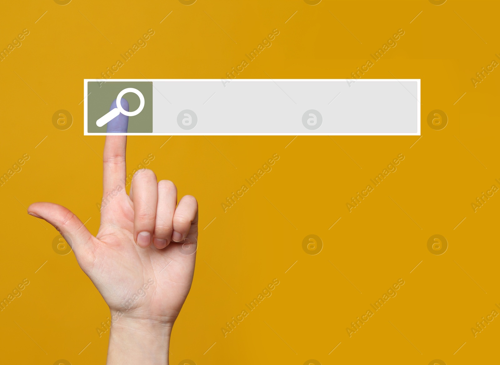 Image of Woman using search bar on virtual screen against orange background, closeup