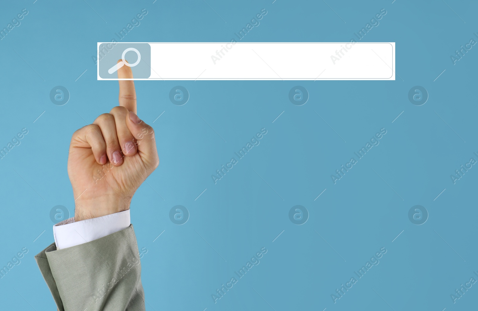 Image of Man using search bar on virtual screen against light blue background, closeup