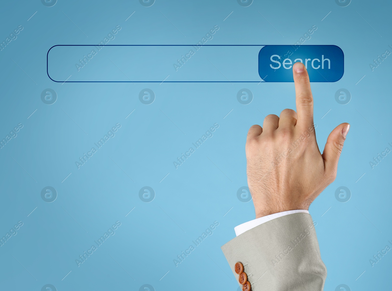 Image of Man using search bar on virtual screen against light blue background, closeup