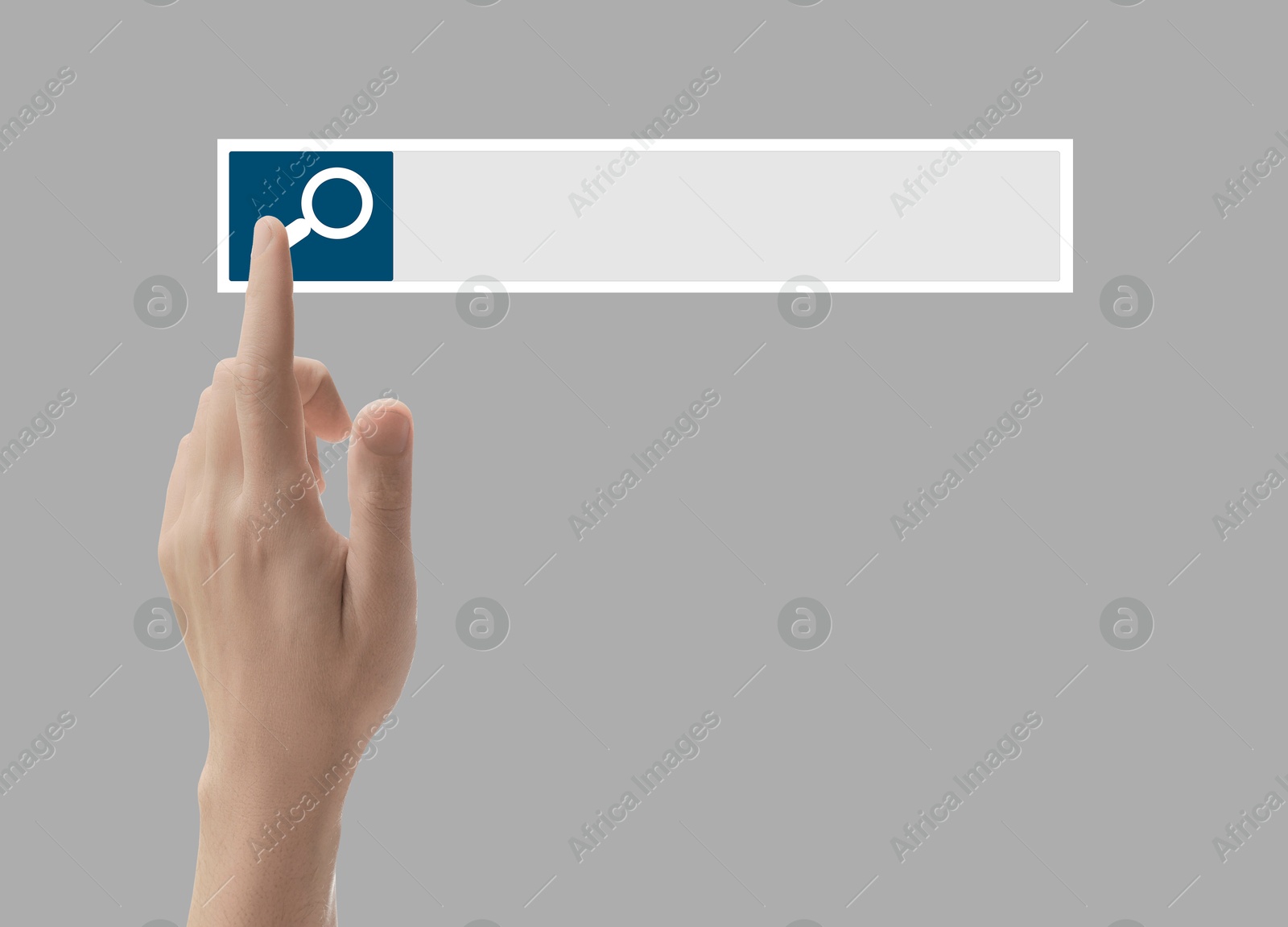 Image of Man using search bar on virtual screen against light grey background, closeup