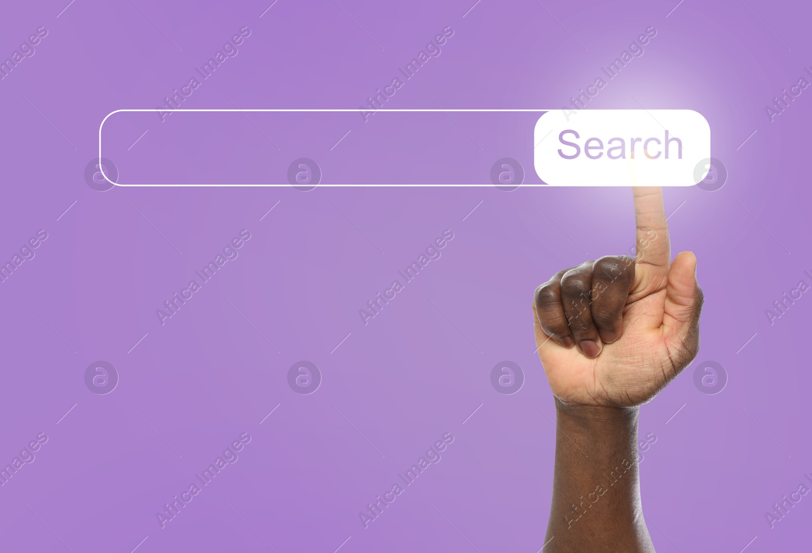 Image of Man using search bar on virtual screen against violet background, closeup