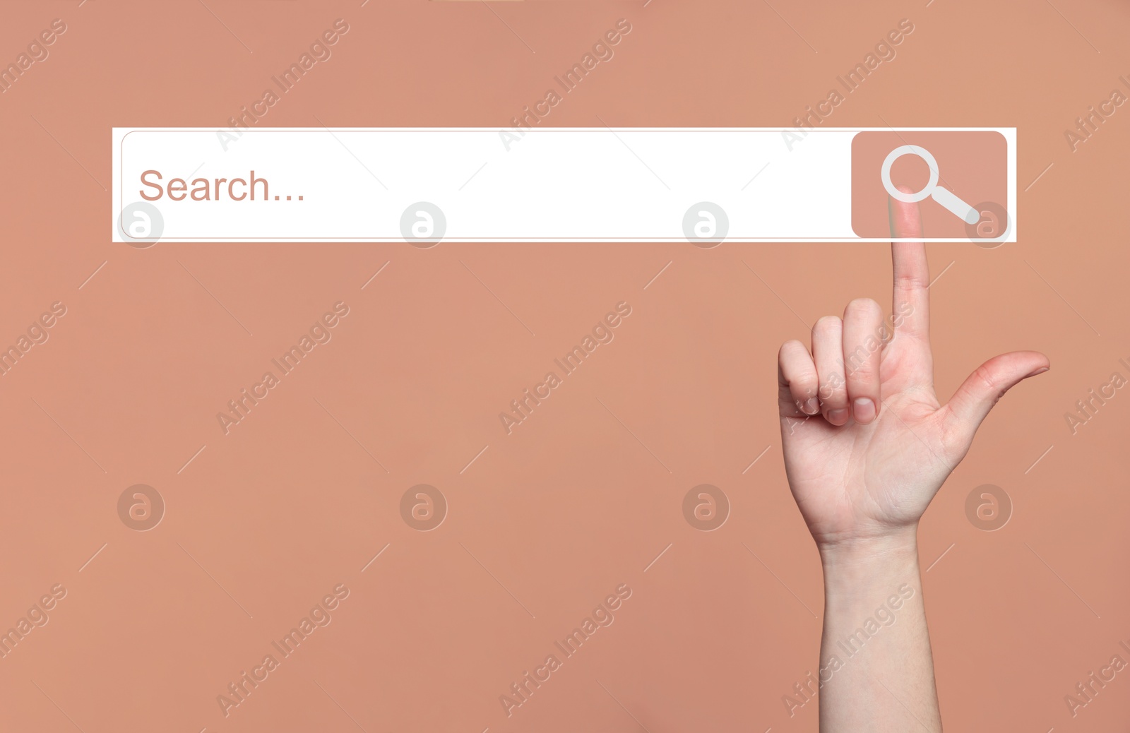 Image of Woman using search bar on virtual screen against dark beige background, closeup