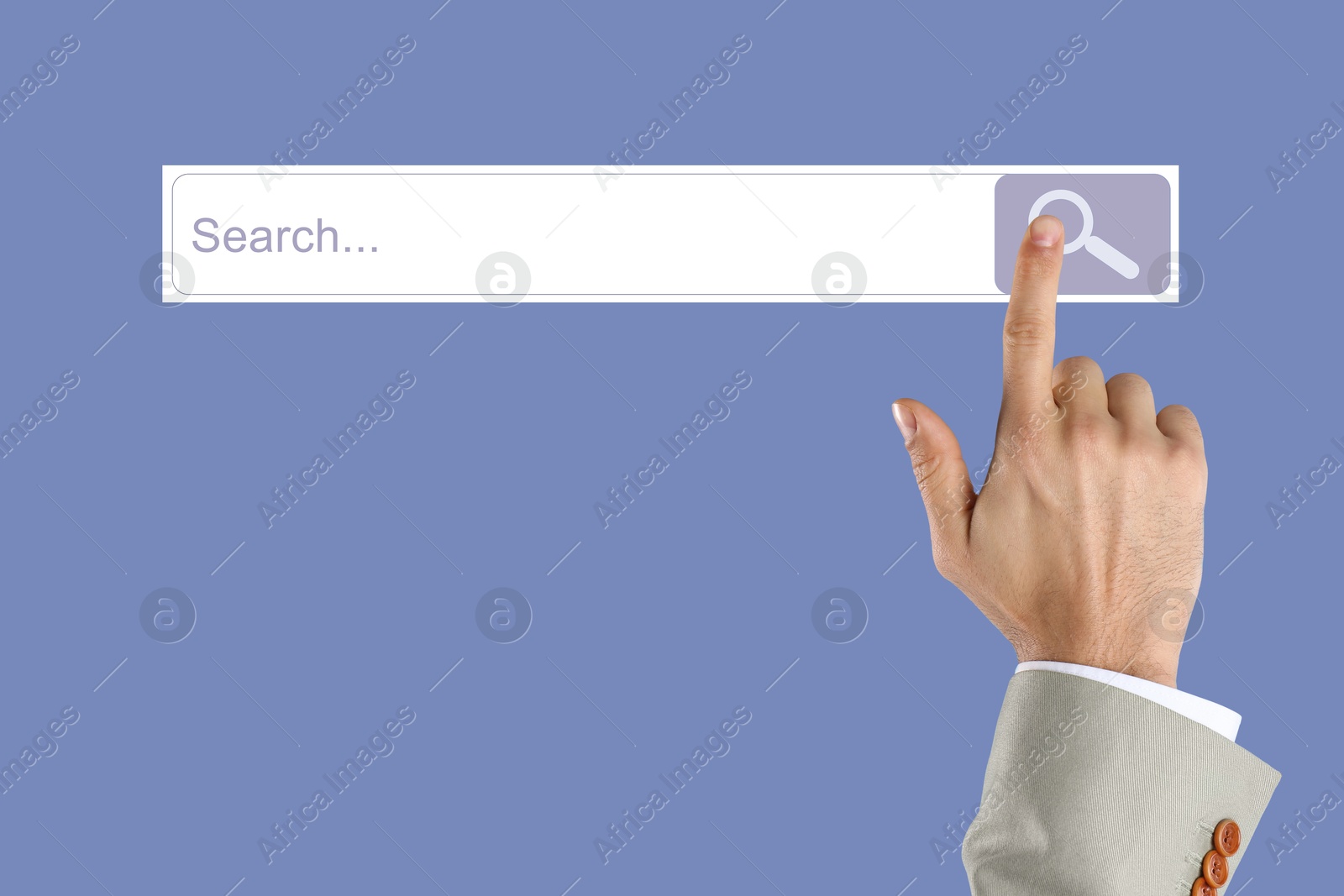 Image of Man using search bar on virtual screen against blue background, closeup