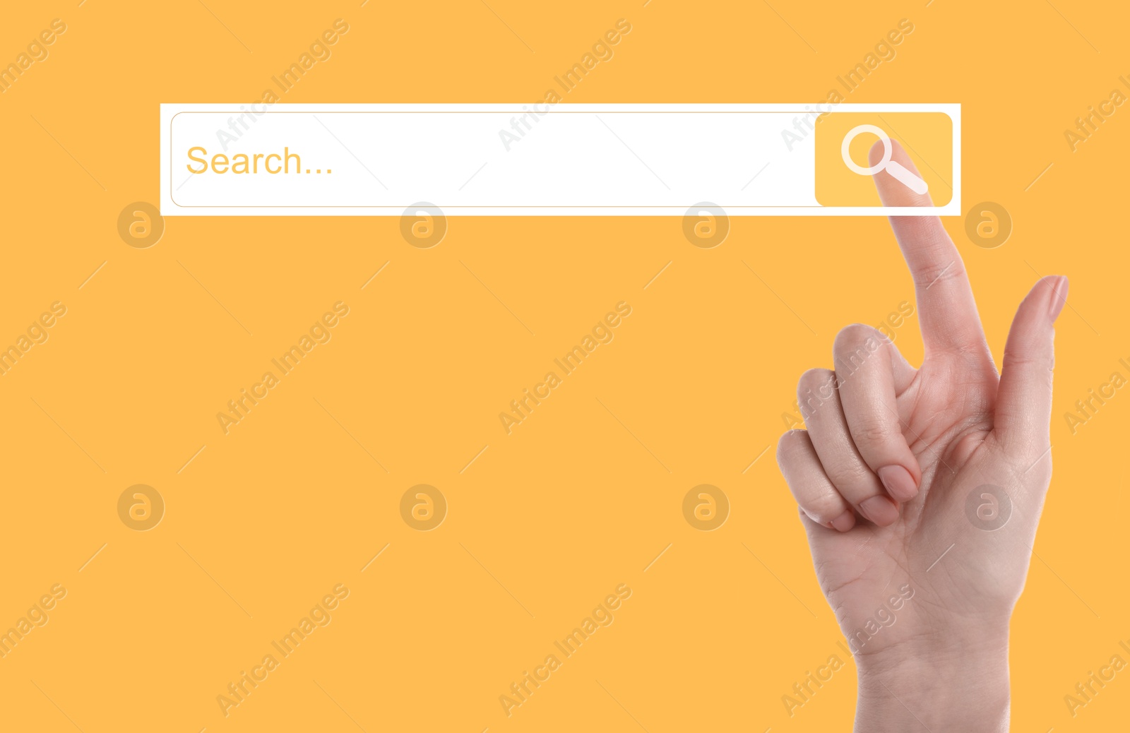 Image of Woman using search bar on virtual screen against orange background, closeup