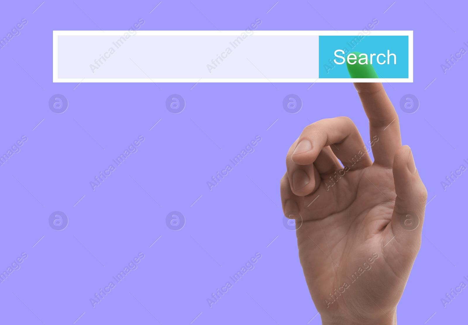 Image of Man using search bar on virtual screen against lilac background, closeup