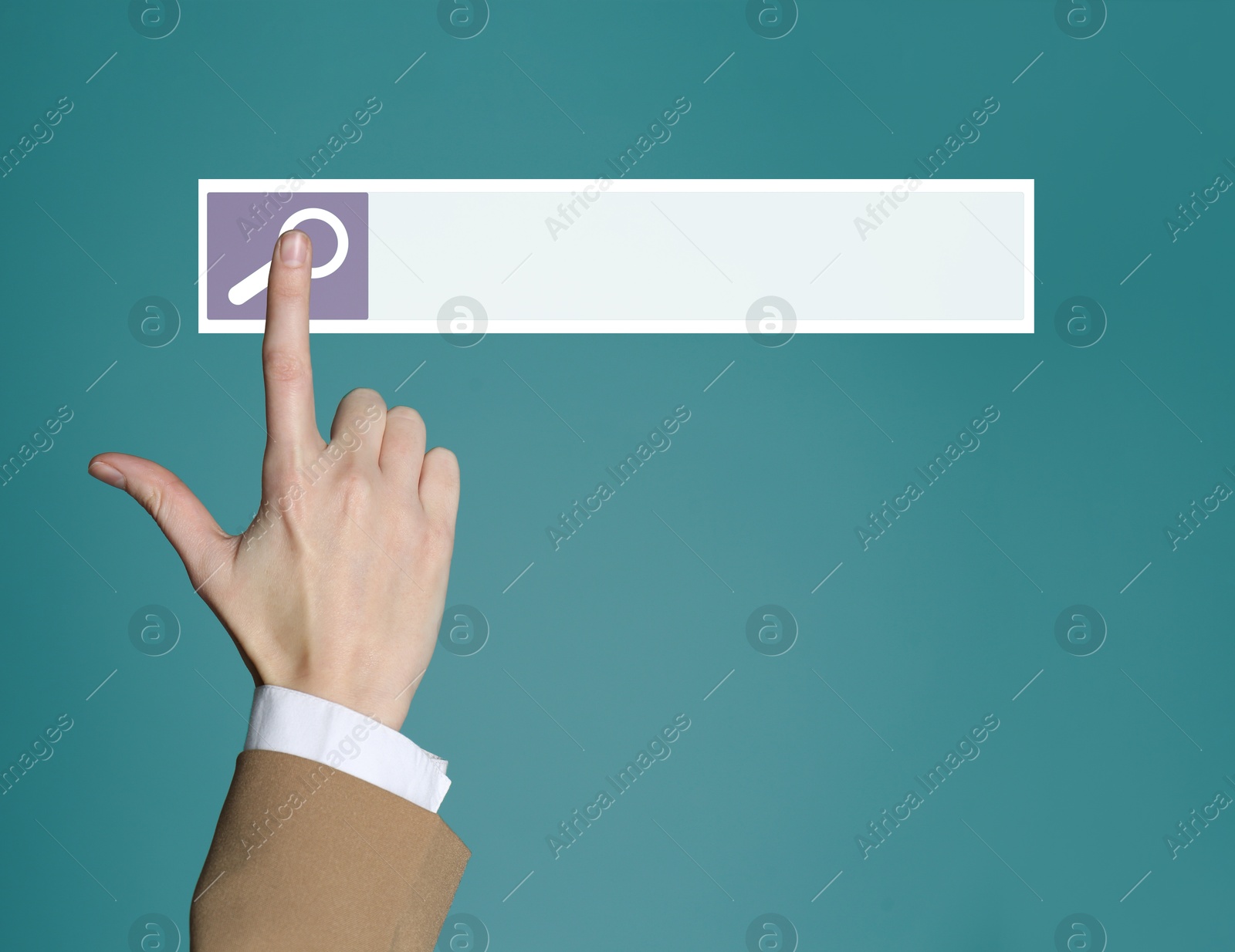 Image of Woman using search bar on virtual screen against teal background, closeup