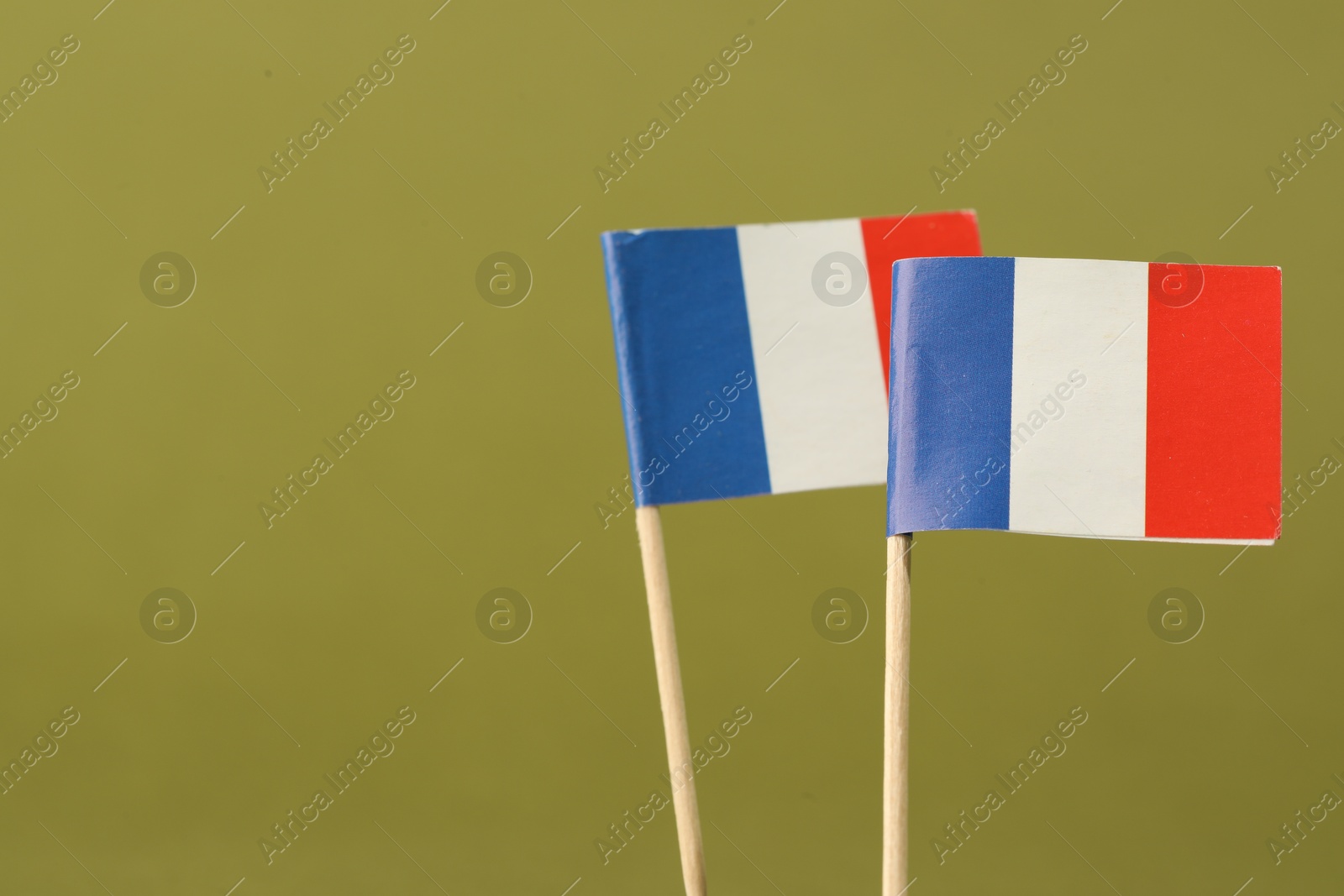 Photo of Small paper flags of France on olive background, space for text