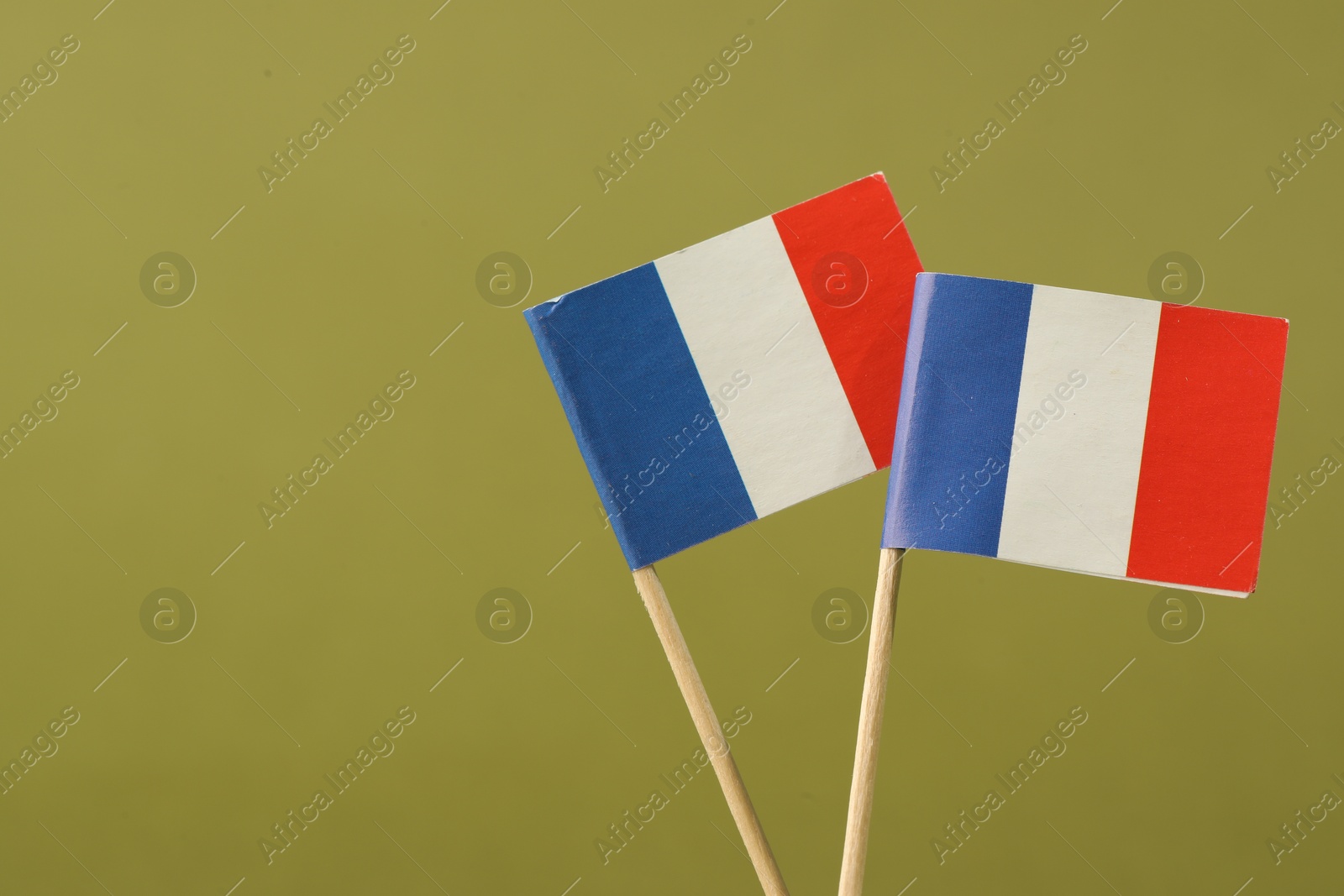 Photo of Small paper flags of France on olive background, space for text