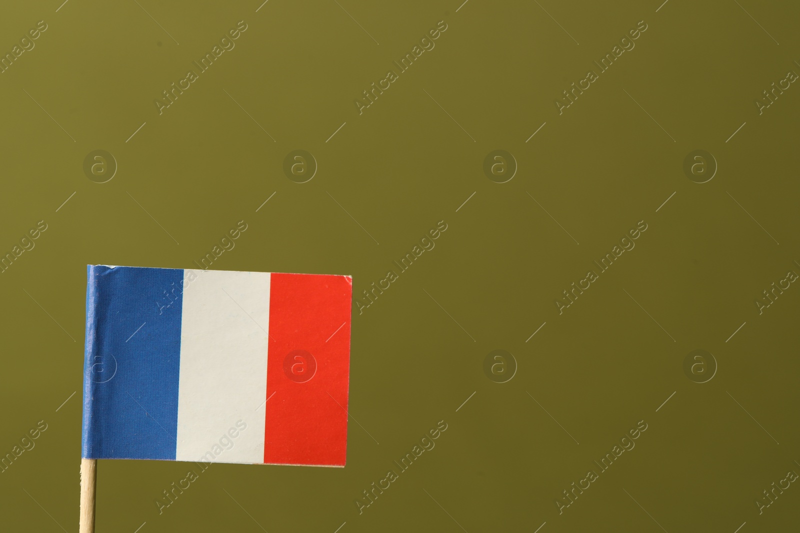 Photo of Small paper flag of France on olive background, space for text