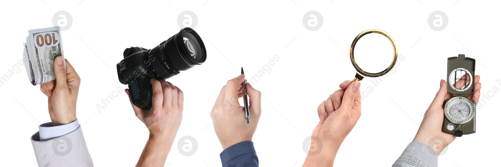 Image of Different professions. Many various tools in people's hands isolated on white, closeup