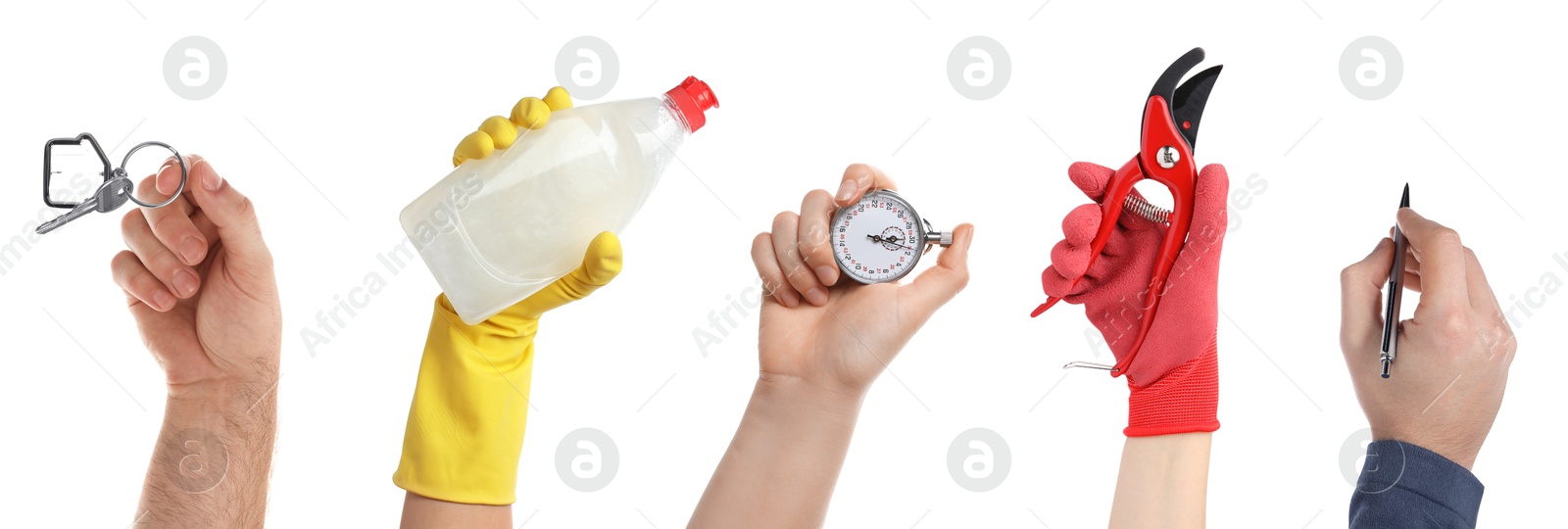 Image of Different professions. Many various tools in people's hands isolated on white, closeup