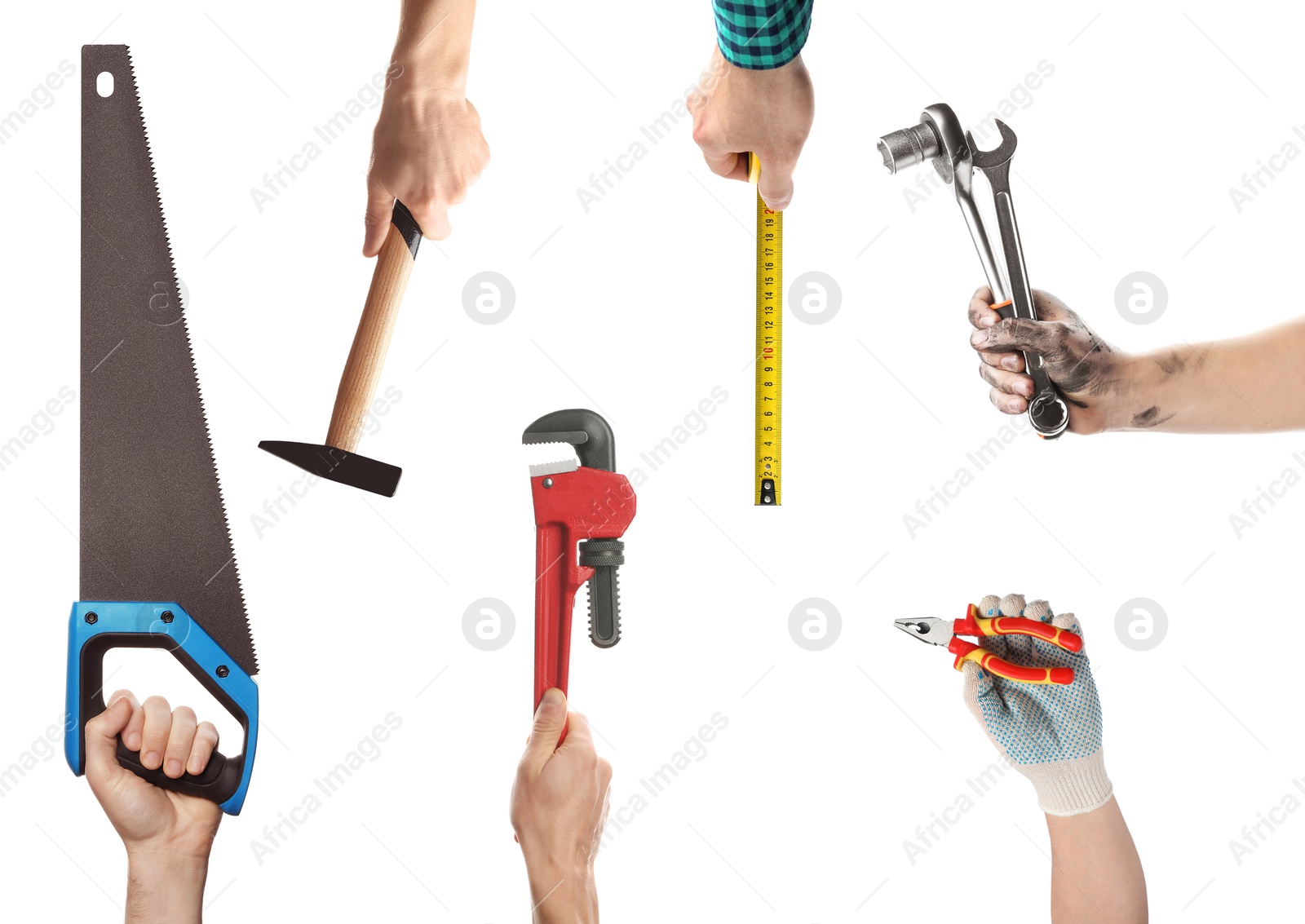 Image of Different professions. Many various tools in people's hands isolated on white, closeup