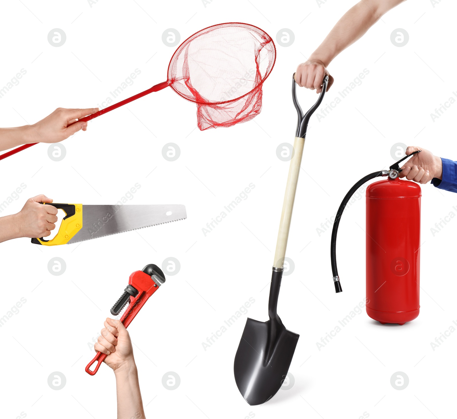 Image of Different professions. Many various tools in people's hands isolated on white, closeup