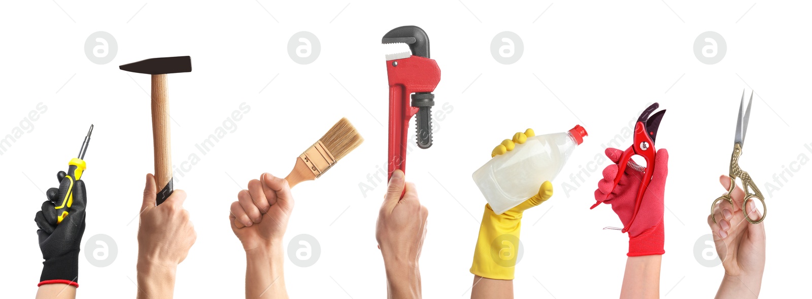 Image of Different professions. Many various tools in people's hands isolated on white, closeup