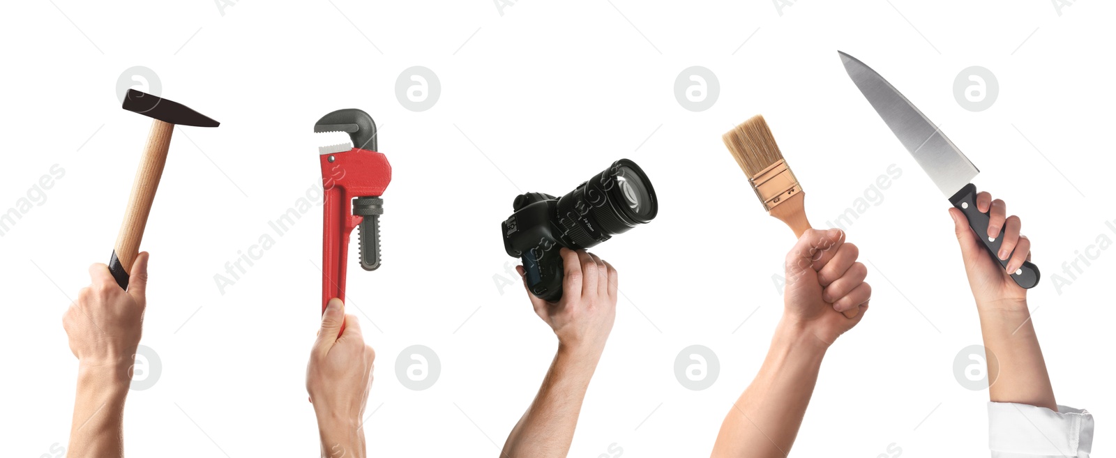 Image of Different professions. Many various tools in people's hands isolated on white, closeup