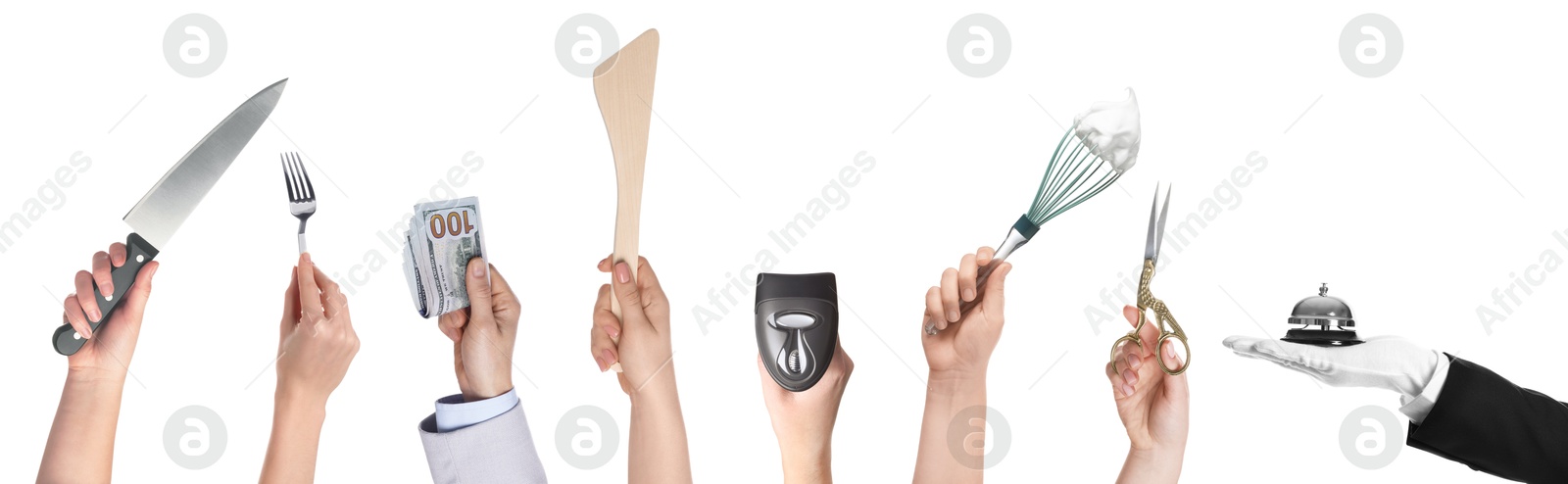 Image of Different professions. Many various tools in people's hands isolated on white, closeup