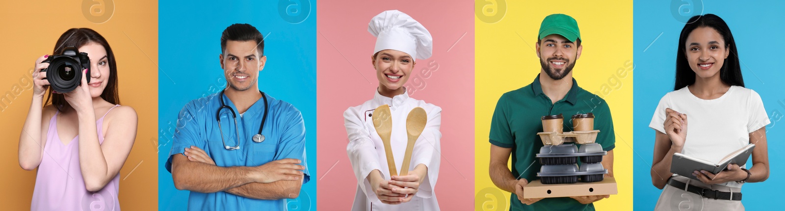 Image of People of different professions. Collage with portraits on various colors backgrounds