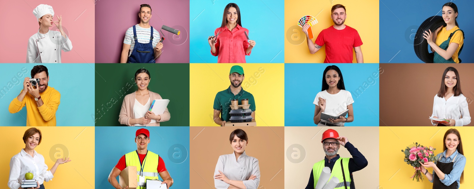 Image of People of different professions. Collage with portraits on various colors backgrounds