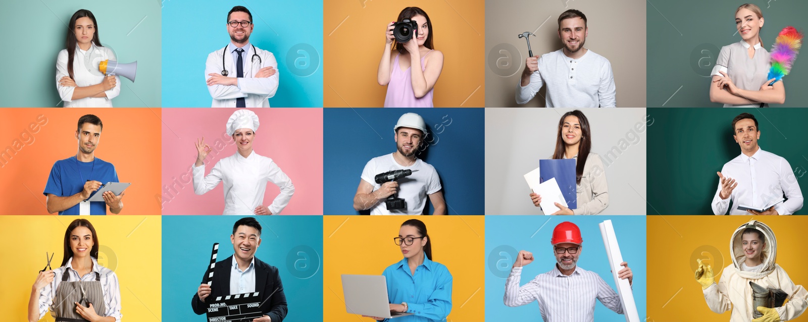 Image of People of different professions. Collage with portraits on various colors backgrounds