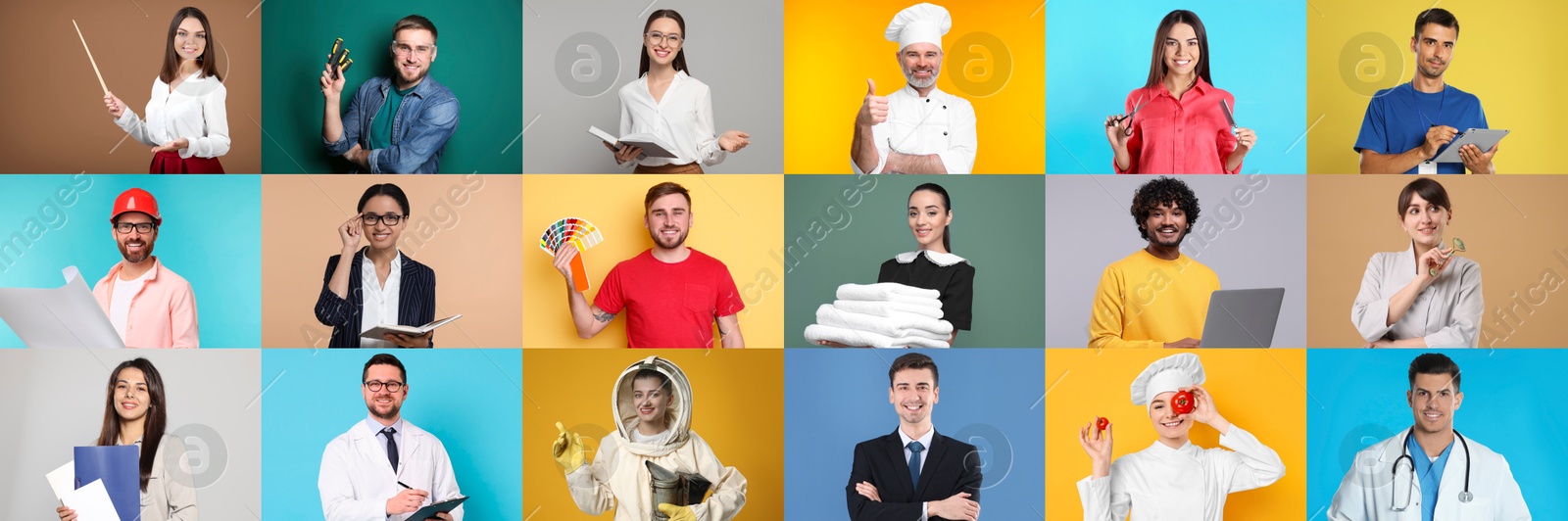 Image of People of different professions. Collage with portraits on various colors backgrounds