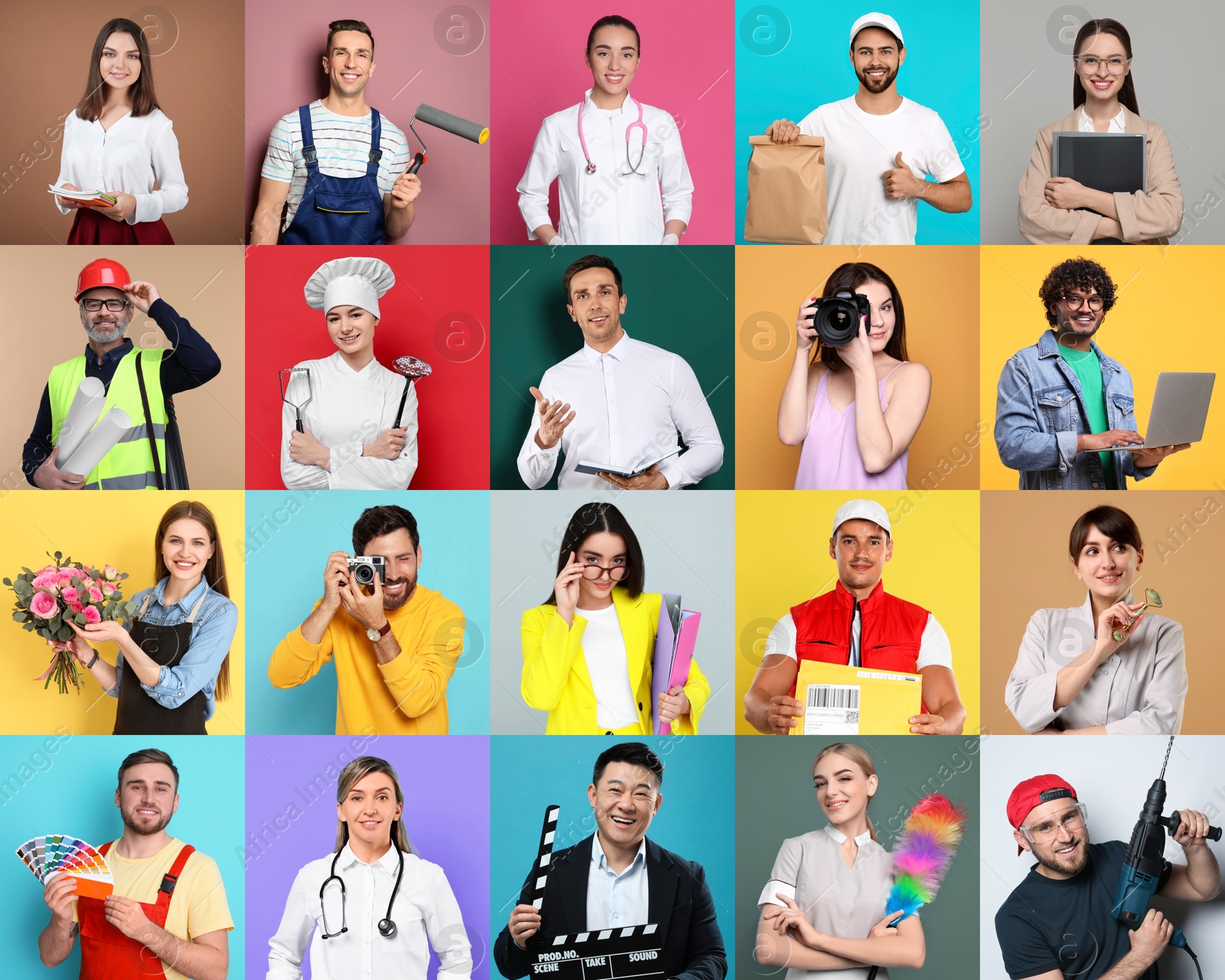 Image of People of different professions. Collage with portraits on various colors backgrounds