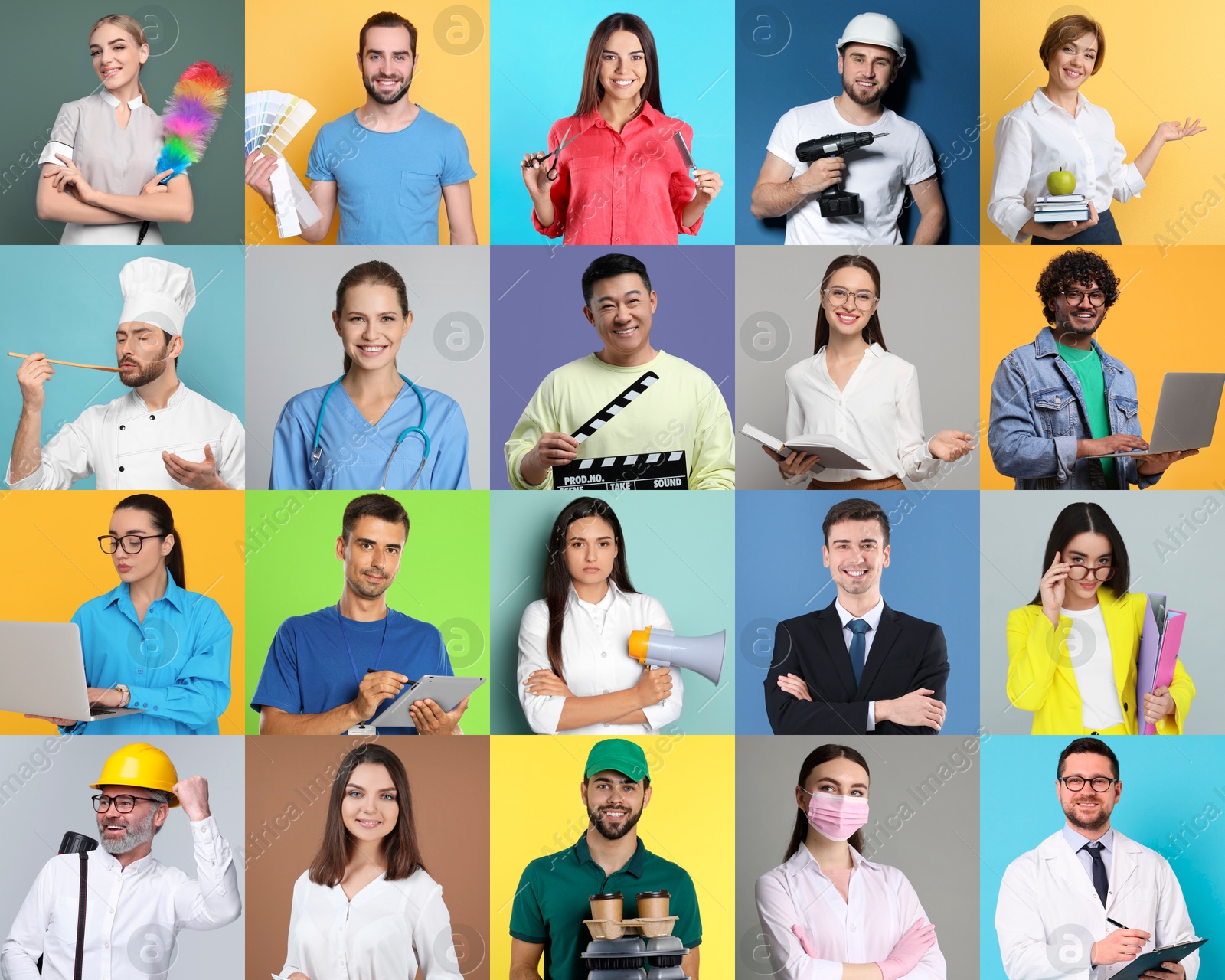 Image of People of different professions. Collage with portraits on various colors backgrounds