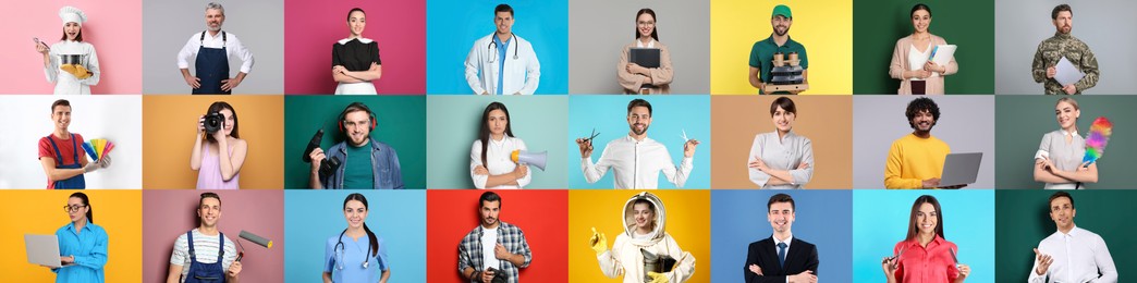 Image of People of different professions. Collage with portraits on various colors backgrounds