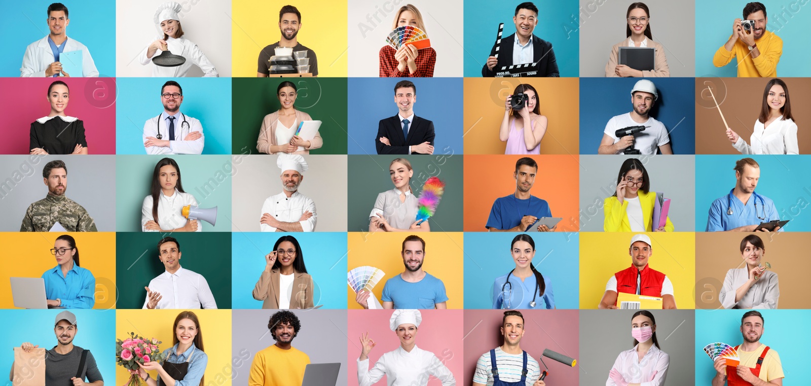 Image of People of different professions. Collage with portraits on various colors backgrounds