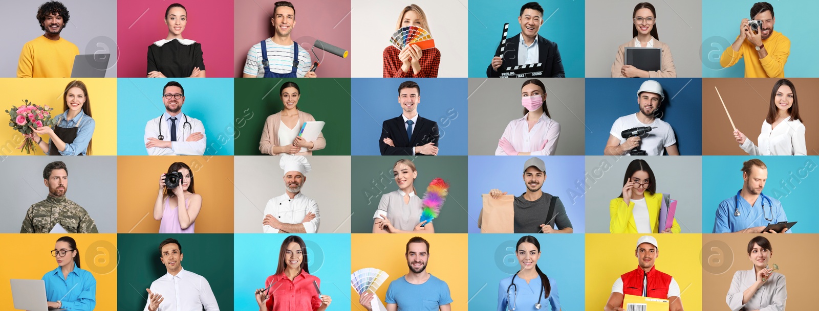 Image of People of different professions. Collage with portraits on various colors backgrounds