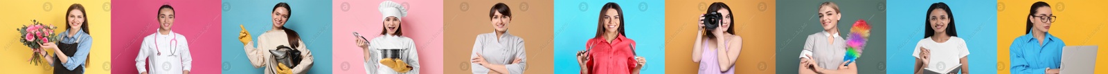 Image of People of different professions. Collage with portraits on various colors backgrounds